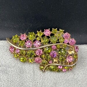 Vintage Lisner Rhinestone Brooch Gold Tone Pink and Green READ